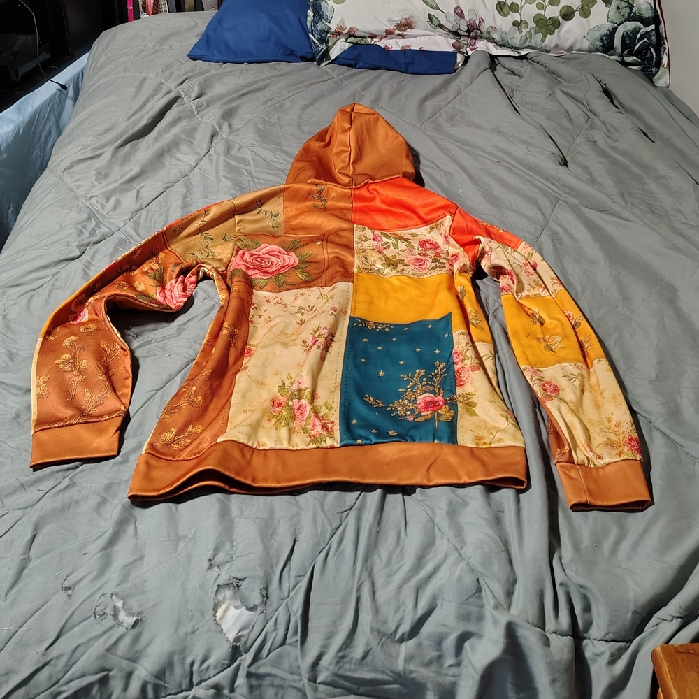 Ladies Large Rare Cottagecore Zip Up Floral Patchwork Hoodie Jacket - Picture 2 of 2